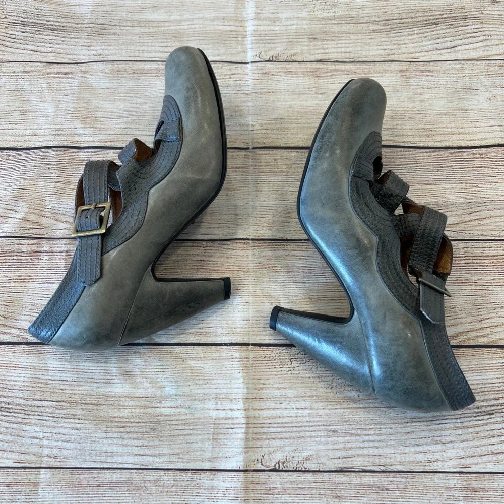 Miz Mooz Grey Leather Mary‎ Jane Pumps Strappy Cone Heels Womens 7.5